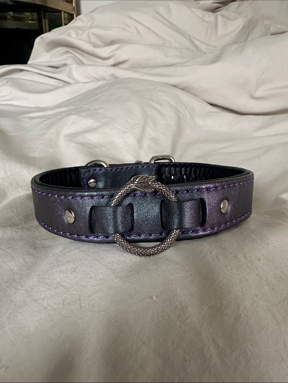 Metallic Purple Leather Choker Collar with Silver Snake Hardware